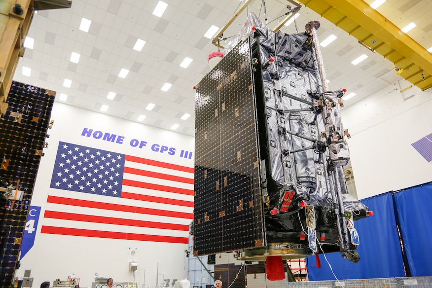 The GPS 3 Space Vehicle 07 stands in a clean room at Lockheed Martin’s facilities in Littleton, Colorado. Image: Lockheed Martin