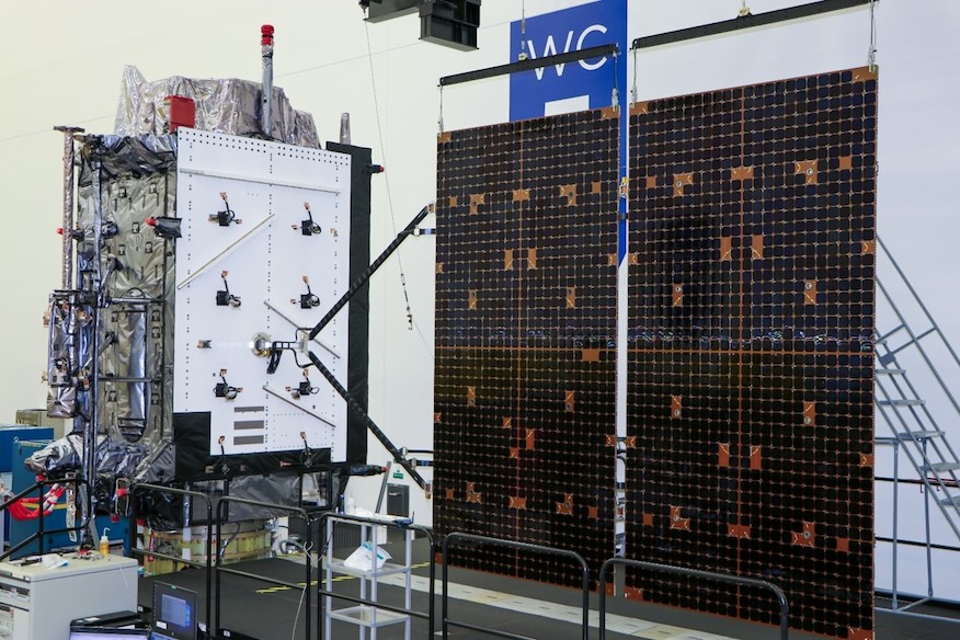 The U.S. Space Force’s GPS 3 Space Vehicle 07 undergoes solar array deployment testing at Lockheed Martin’s facilities in Littleton, Colorado in spring 2024. Image: Lockheed Martin